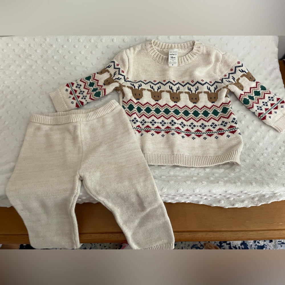 Carters 18mo Cream Knit Sweater and Pants Set with Reindeer Pattern